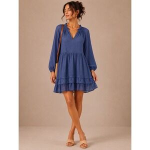 Old‎ Navy Womens Blue Textured Tiered Babydoll Mini Dress Long Sleeve V-Neck M